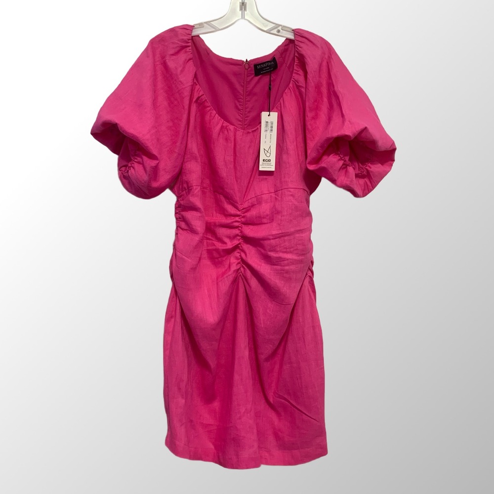 MINKPINK Selena Puff Sleeve Mini Dress NWT Hot Pink 100% Linen‎ Size XXL